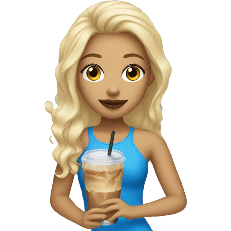 Light skin girl with blonde hair and blue eyes drinking a iced coffee emoji