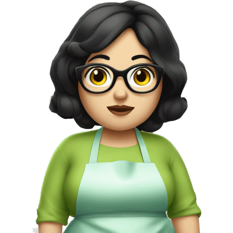 chubby lady with black hair and big eyes green apron  with glasses cooking  emoji