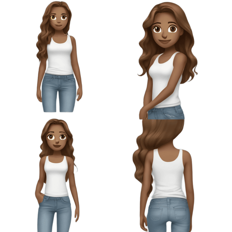 girl with long ￼layered hair hazelnut brown hair, dark green eyes and freckles standing wearing a white tank top and light blue denim jeans emoji