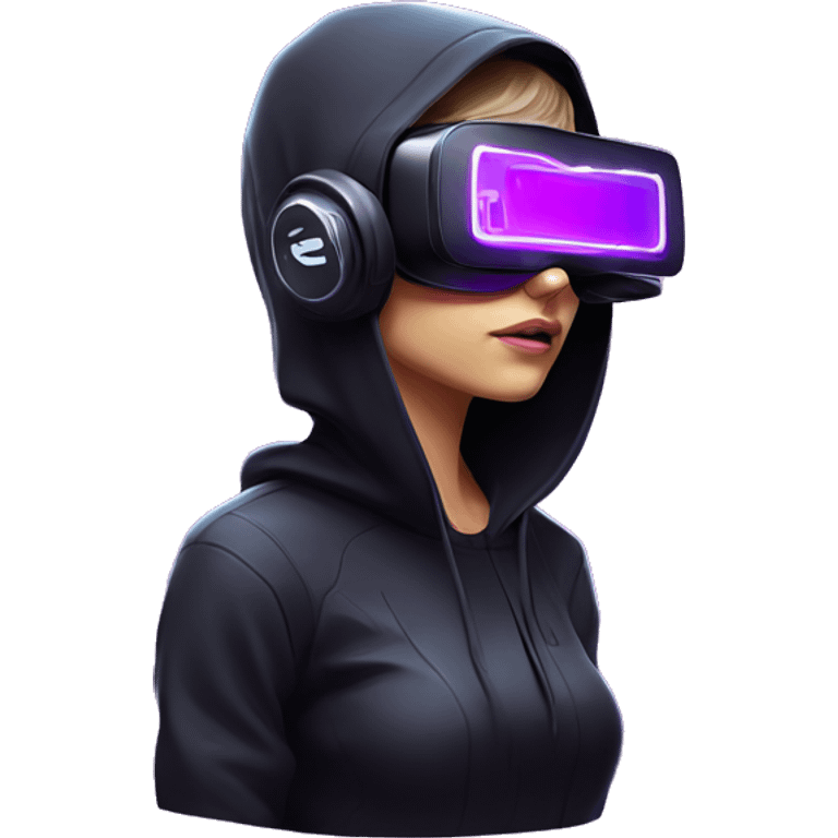 Russian girl wearing black hoody with violet letters "OMG", in vr headset. Cyberpunk style. Violet neon. emoji