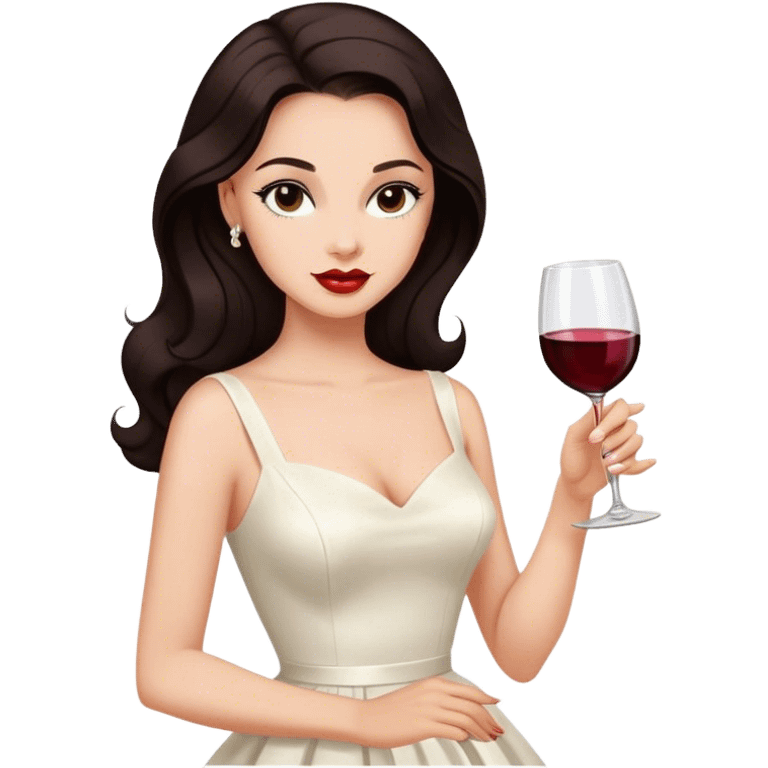 Beautiful woman in 1950’s woman fashion look, white dress, long hair, wine, dark brown hair emoji