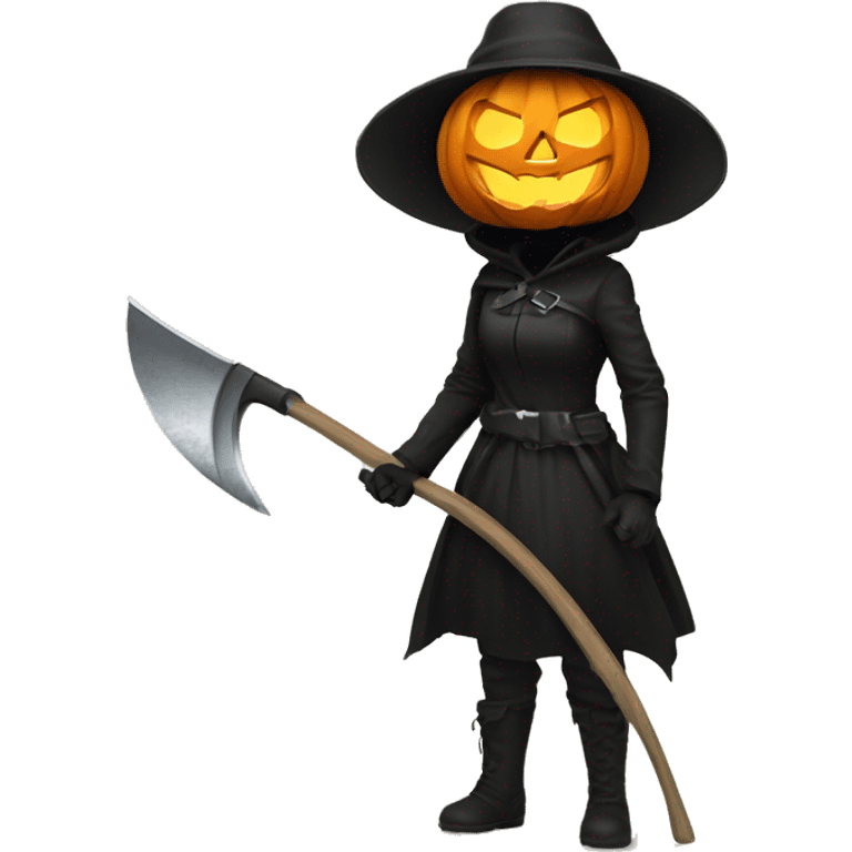 Human female pumpkin hunter with a scythe, glowing pumpkin eyes inside a black helmet, Halloween theme, emoji emoji