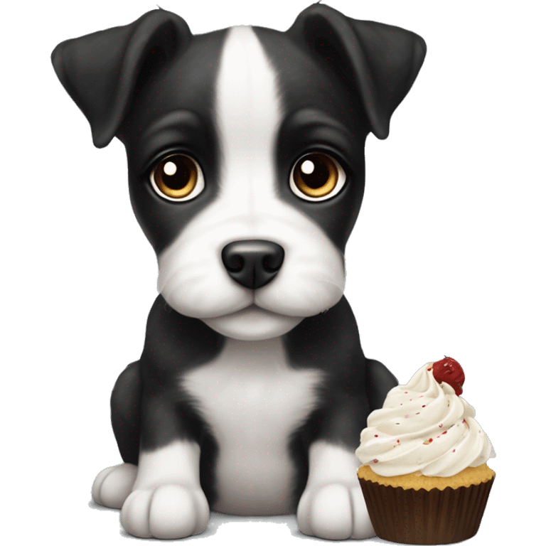 Cute big eyed Black and white teddy Roosevelt terrier puppy runt (no brown) eating a cupcake emoji