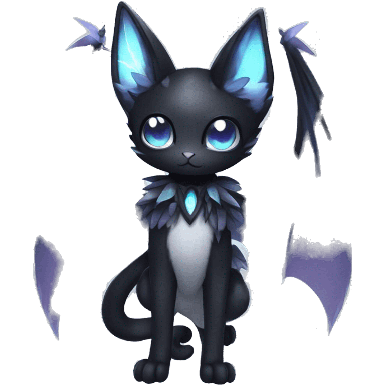 Shiny Shy Cool Black beautiful fantasy Kawaii Ethereal Sona Fakemon-cat-animal with bat-wings-ears Full Body emoji