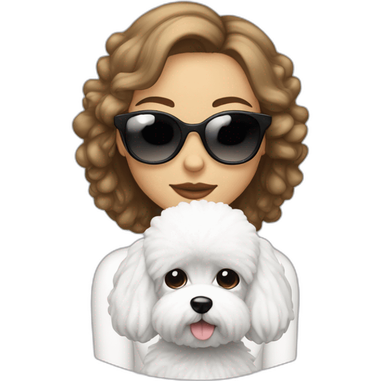 mujer pelo largo con gafas y perro bichon blanco emoji