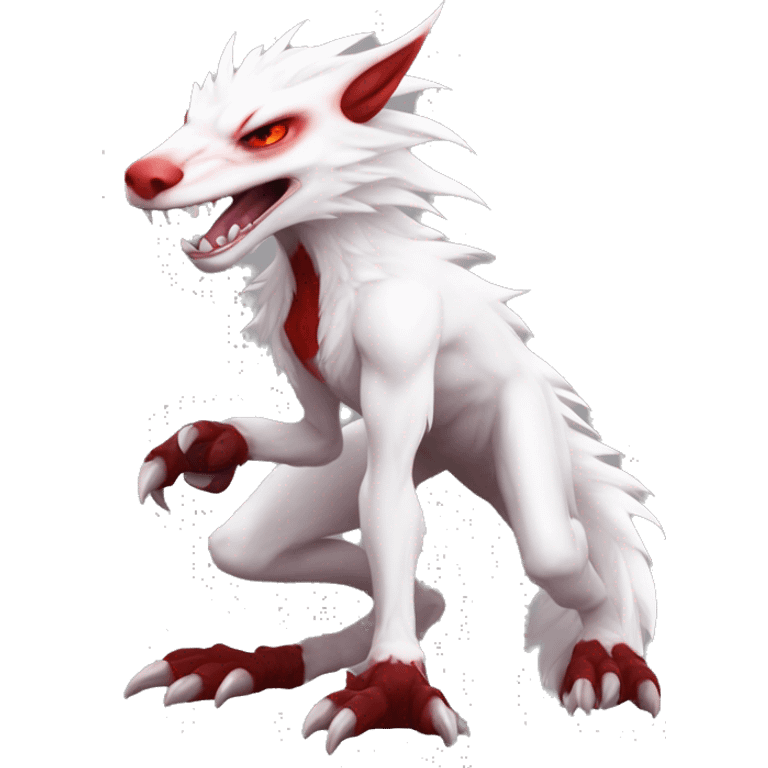 White edgy cute badass epic anthro modern albino sergal-vernid-Fakémon with red mane and red eyes with red edgy stripes, full body emoji