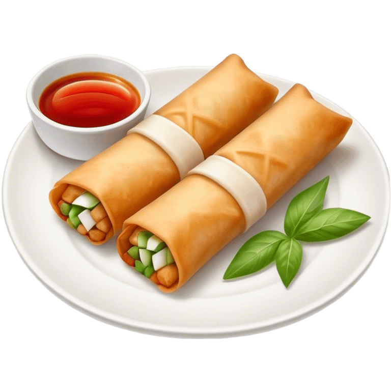 Spring Rolls Cinematic Realistic Spring Rolls Dish Emoji, depicted as 2 perfectly crisp spring rolls served with dipping sauce, rendered with lifelike textures and dynamic, appetizing lighting. emoji