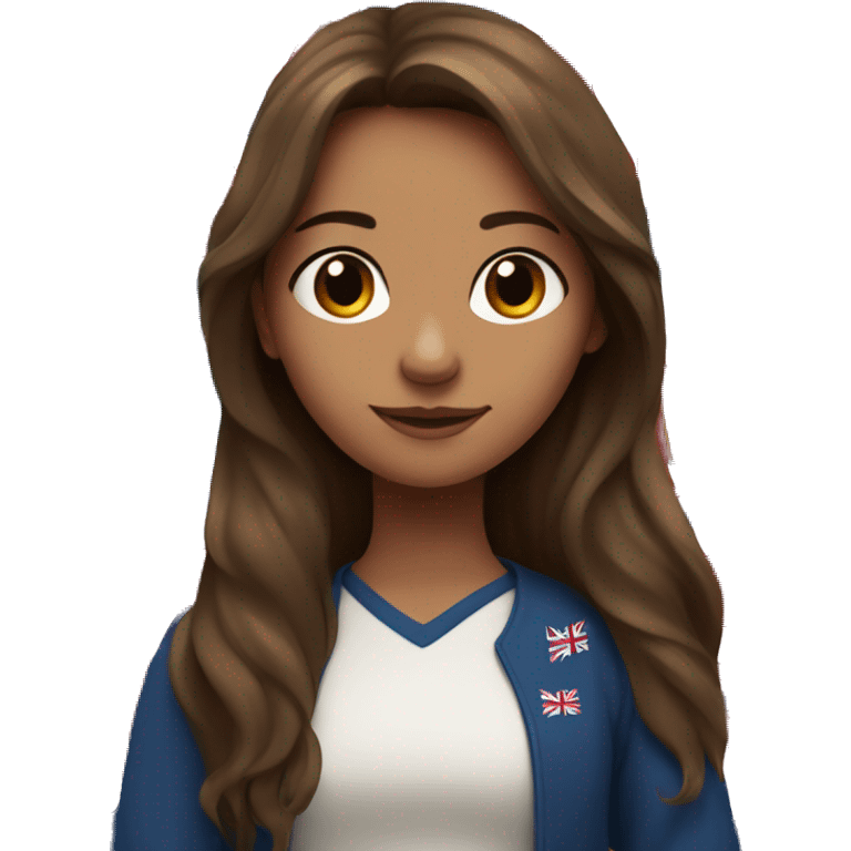 long brown haired girl with UK flag behind her  emoji