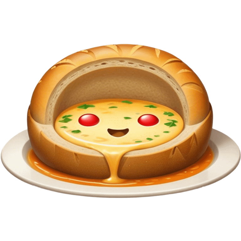 Żurek Cinematic Realistic Żurek Soup Dish Emoji, depicted as a tangy rye soup served inside a hollowed-out round loaf of bread, rendered with rich textures and dynamic, comforting lighting. emoji