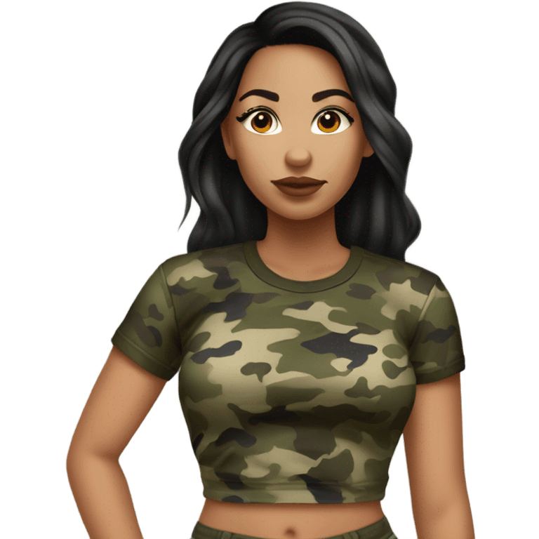 A light skin girl with black hair in a camo crop top emoji