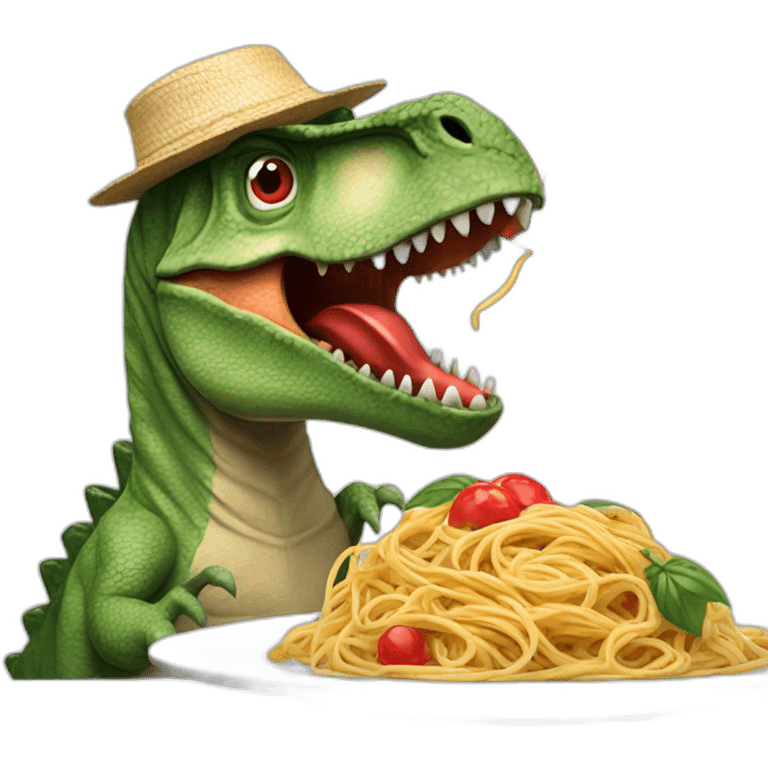 dinosaur with a red straw hat eating a plate of spaghetti with an italy flag planted on it emoji