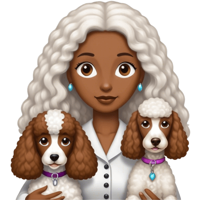 White standard poodle with brown skin, long hair woman emoji