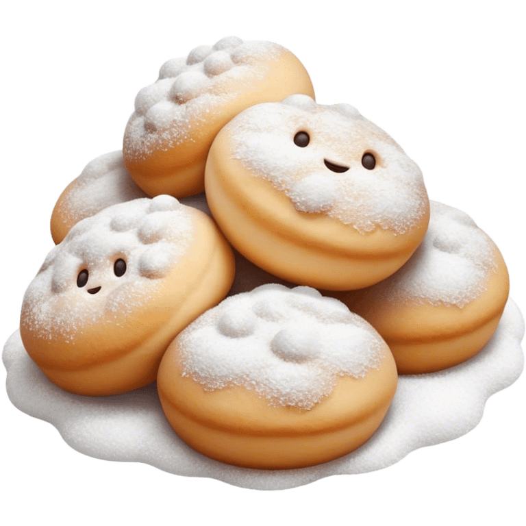 Cinematic Realistic Fritule Dessert Emoji, featuring small, fluffy dough balls dusted with powdered sugar rendered with delicate textures and warm, inviting lighting. emoji