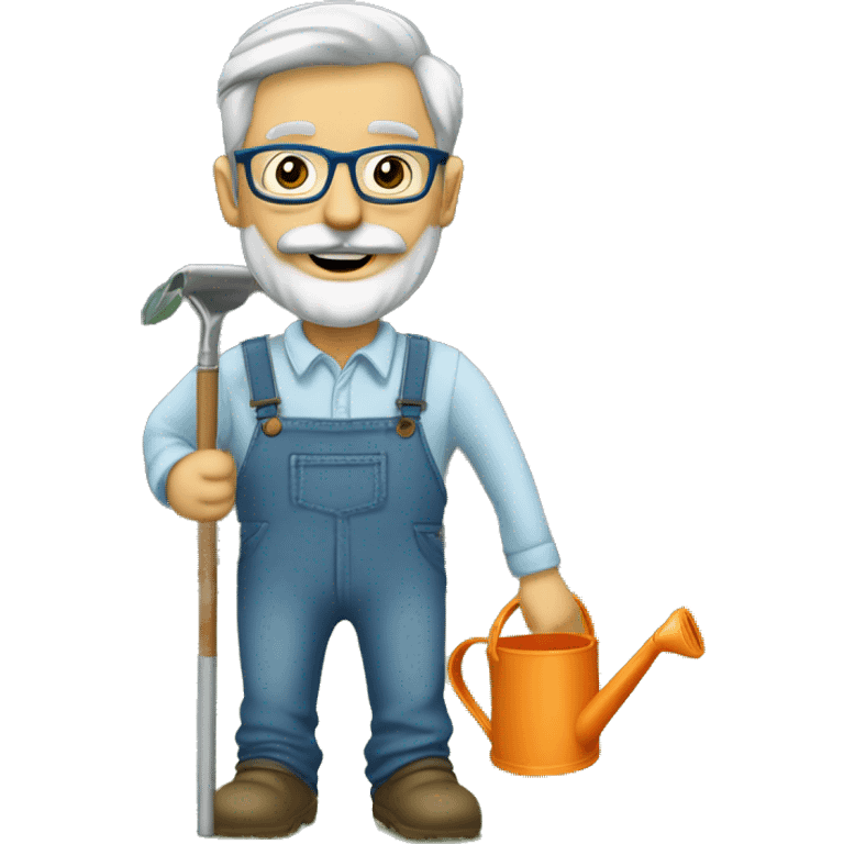 I want a cartoon graphic for a man, with a belly, square face, grey hair, grey thin beard, thin mustache, rectangular eyeglasses, moutg opened, wearing blue jeans, watering the soil with a watering can, outdoor, a glass building behind. emoji