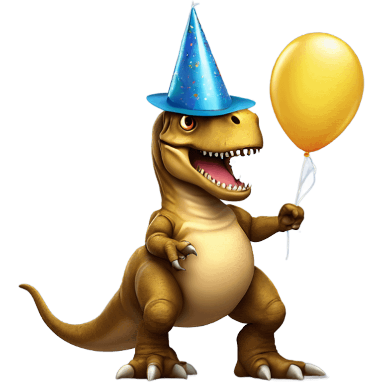 T-Rex wearing a birthday hat holding a balloon  emoji