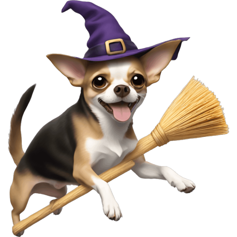 chihuahua flying on broom with witch hat emoji