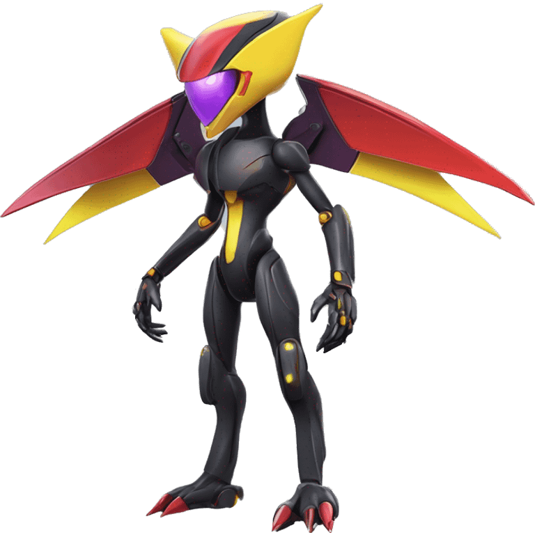 a shiny black-purple-red-yellow Genesect-Flygon-Raptor-Fakémon-Medabot-hybrid with a futuristic visor-helmet full body emoji