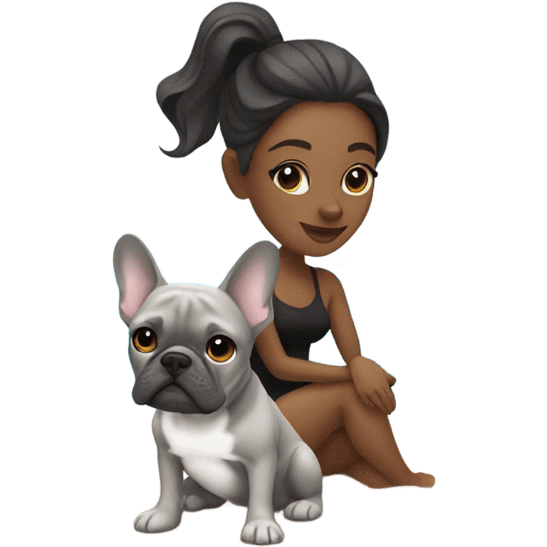 Colleen with grey French bulldog on beach emoji