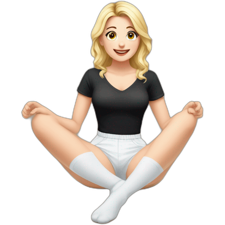 Front view full body curvy caucasian beauty sits on the floor straight hands up black skirt white knickers white socks emoji