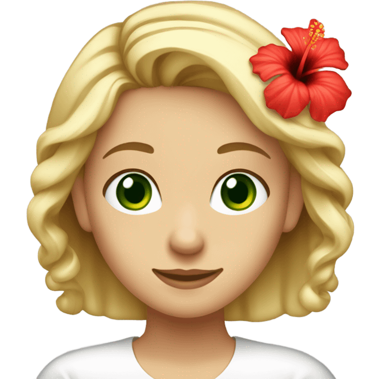 Blonde haired girl with green eyes one red hibiscus flower in her hair wearing a white top emoji