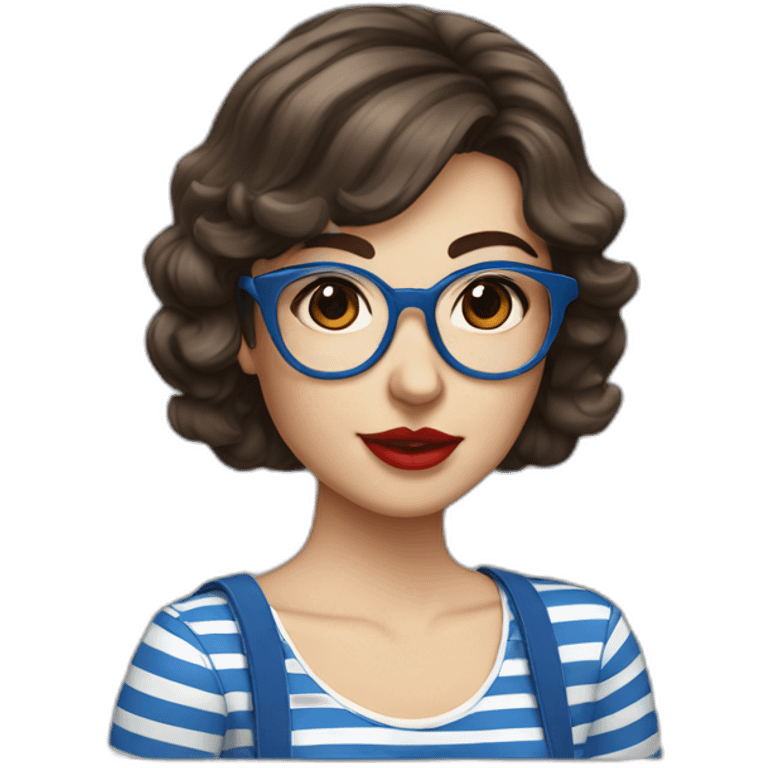 caucasian woman with retro glasses, dark brown hair, bangs, red lipstick, blue and white striped t shirt emoji