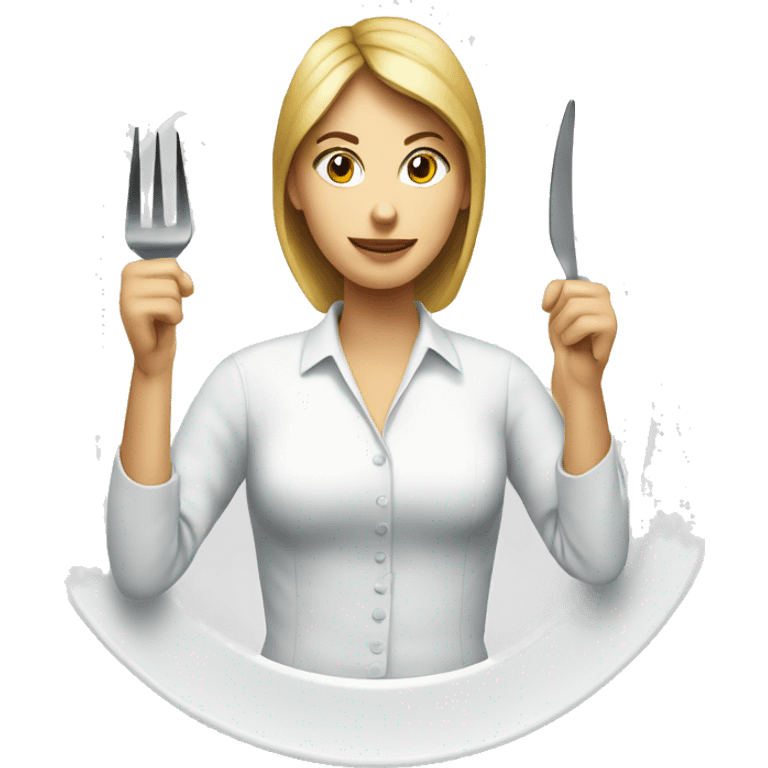 a woman with a fork and knife in hands; white plate near emoji