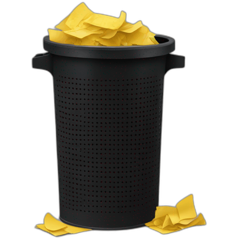 black mesh metal dustbin filled with yellow crumbled papers emoji