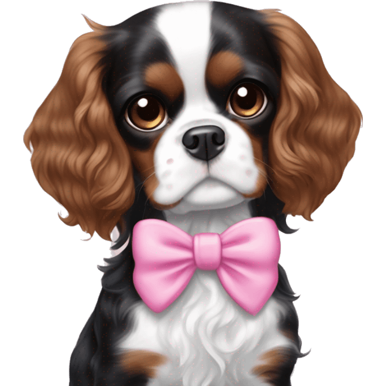 black and white cavalier king charles spaniel with a pink bow held by a white girl with brown curly hair with highlights, blue eyes emoji