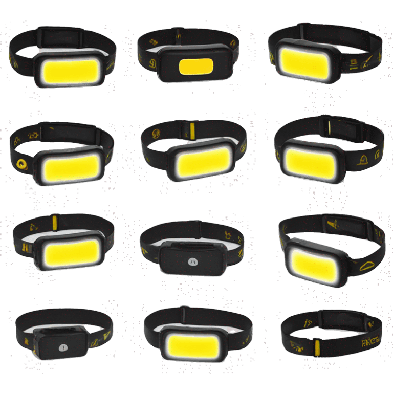 Sleek LED headlamp with 230° illumination, black with yellow accents, featuring a fully lit LED band. Adjustable strap, slim, curved design, on a neutral background. emoji