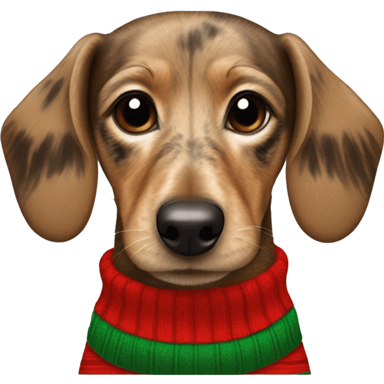 Speckled light brown wire haired dachsund wearing a stripy Christmas jumper emoji