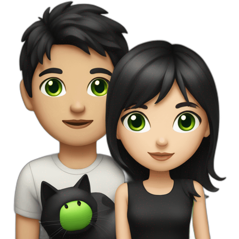 girl and boy with black hair and black and white cat with green eyes emoji