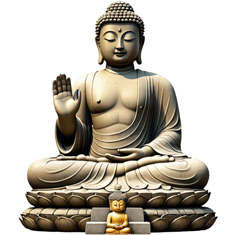 Cinematic Realistic image of the Big Buddha Monument of Sinheungsa Temple, portrayed as a towering, serene Buddha statue carved from weathered stone with intricate details and a gentle meditative expression, set within an ancient temple landscape enveloped in soft, ethereal lighting that underscores its spiritual majesty. emoji