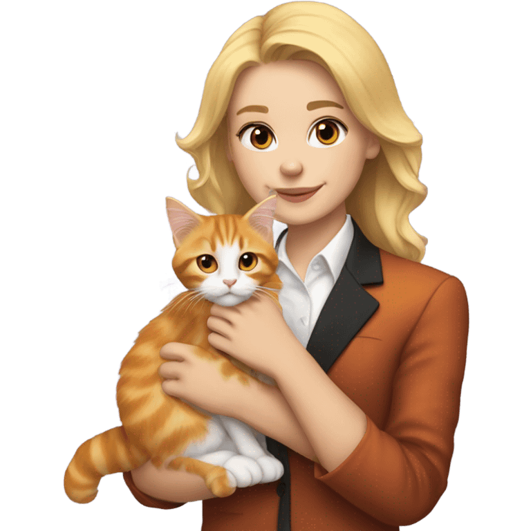 Blonde girl with her orange tuxedo maine coon kitten emoji