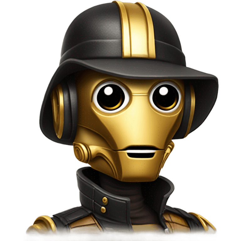 rough c3Po wearing Satan’s leather biker outfit with hat walking emoji