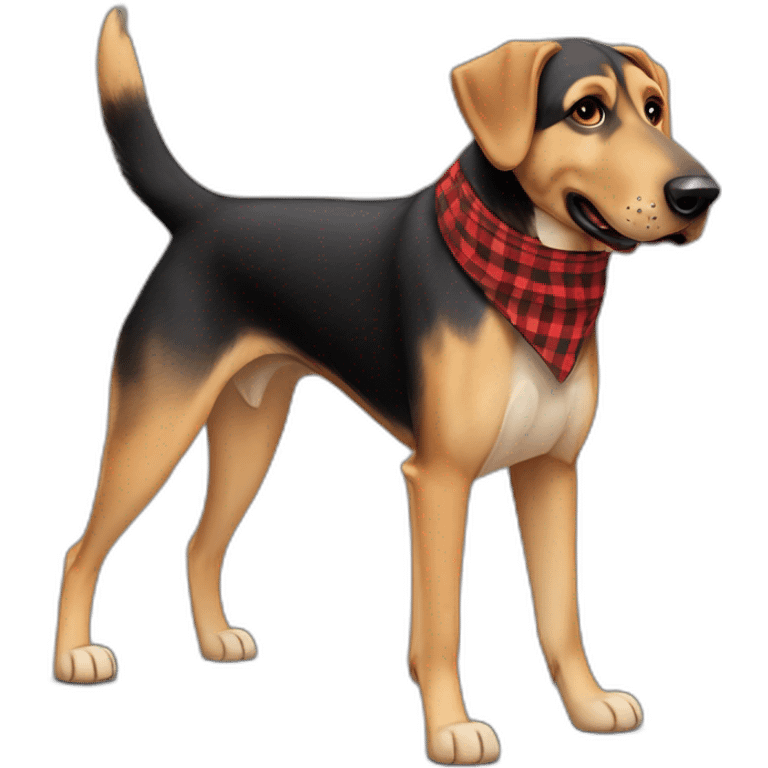 adult 75% Coonhound 25% German Shepherd mix dog with visible tail wearing small pointed red buffalo plaid bandana full body walking left quickly emoji