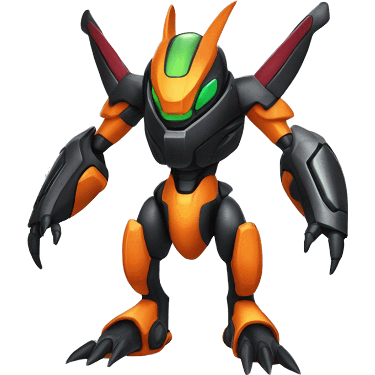 a shiny metallic black-orange Genesect-Flygon-Raptor-Fakémon-Medabot-hybrid with a futuristic visor-helmet full body emoji