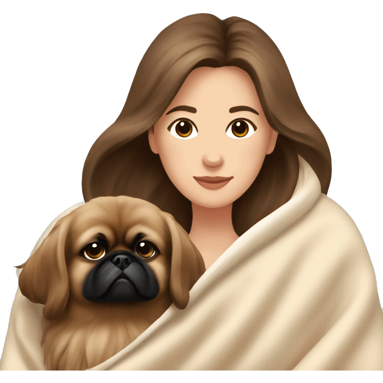 A Women with brown hair is cradling her Pekingese in a beige blanket emoji