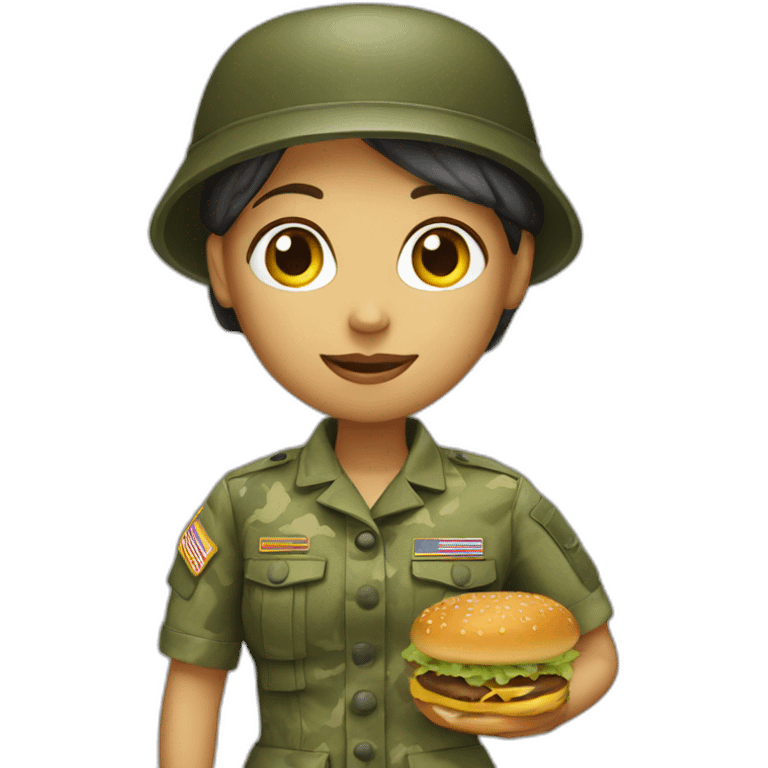 A girl in the army with a hamburger emoji