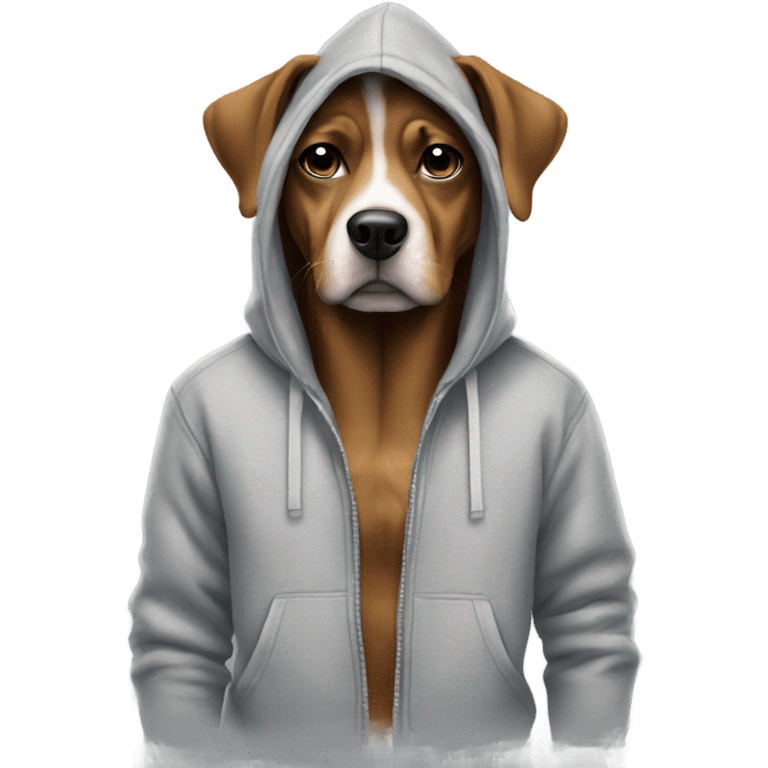 Dog wearing a hoodie chill guy emoji