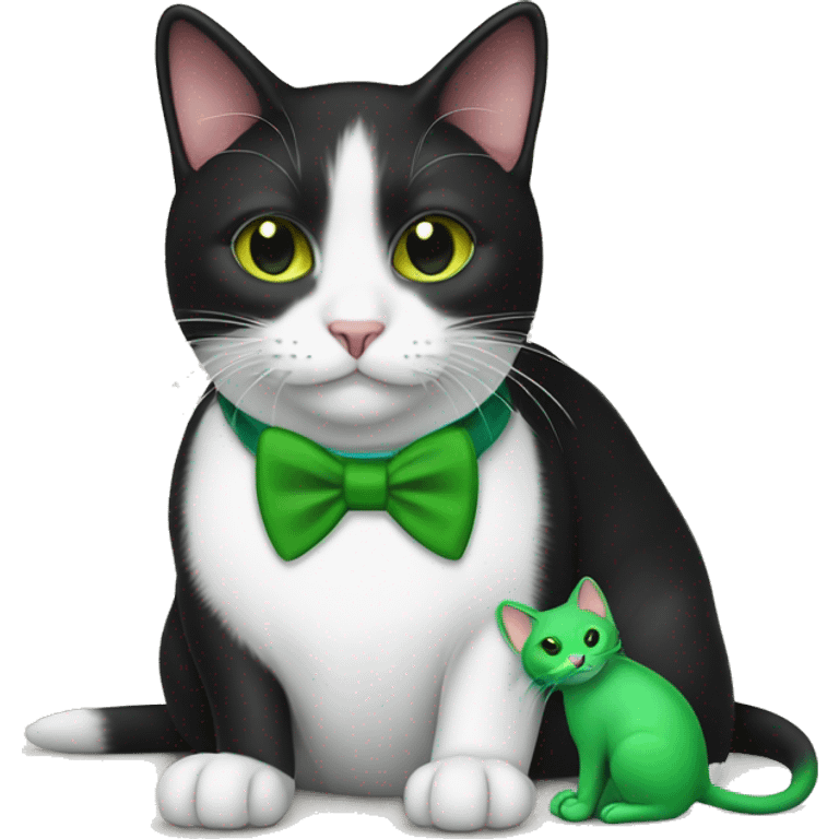 Tuxedo cat with green mouse toy emoji