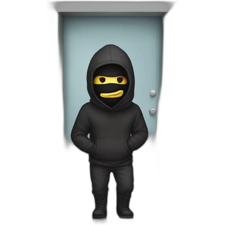 a man with a balaclava passing by a door that says bonda 69 emoji