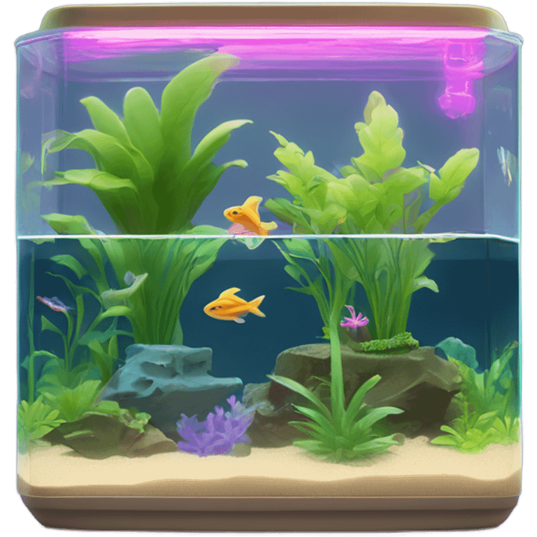 Rectangular fish tank, beige lid and wedgesk with plants inside  and glow tetra fish in neon colors  emoji