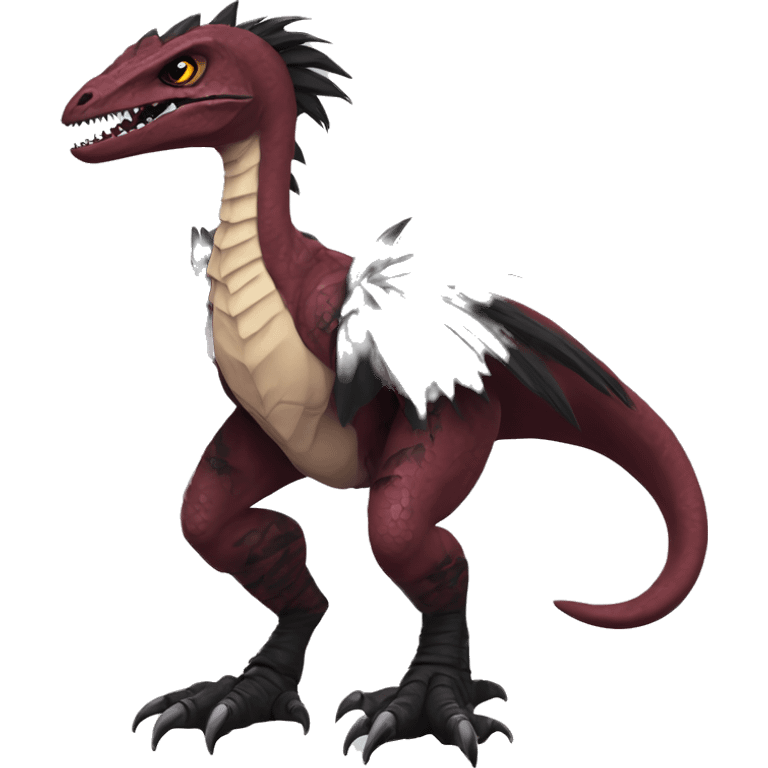 Maroon edgy badass modern sexy handsome punk velociraptor-dragon-Digimon, with black spiky mane, full body emoji