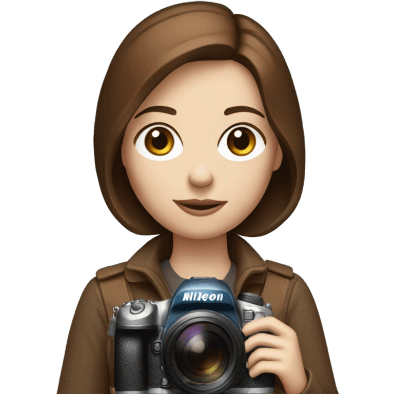 Portrait of stylish woman with blue eyes and brown bob hair holding a nikon camera￼ in hands emoji