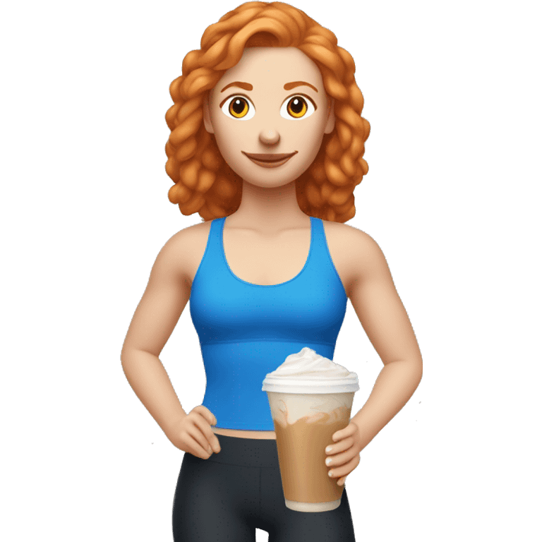 Ginger girl in blue sports bra and leggings drinking iced latte emoji