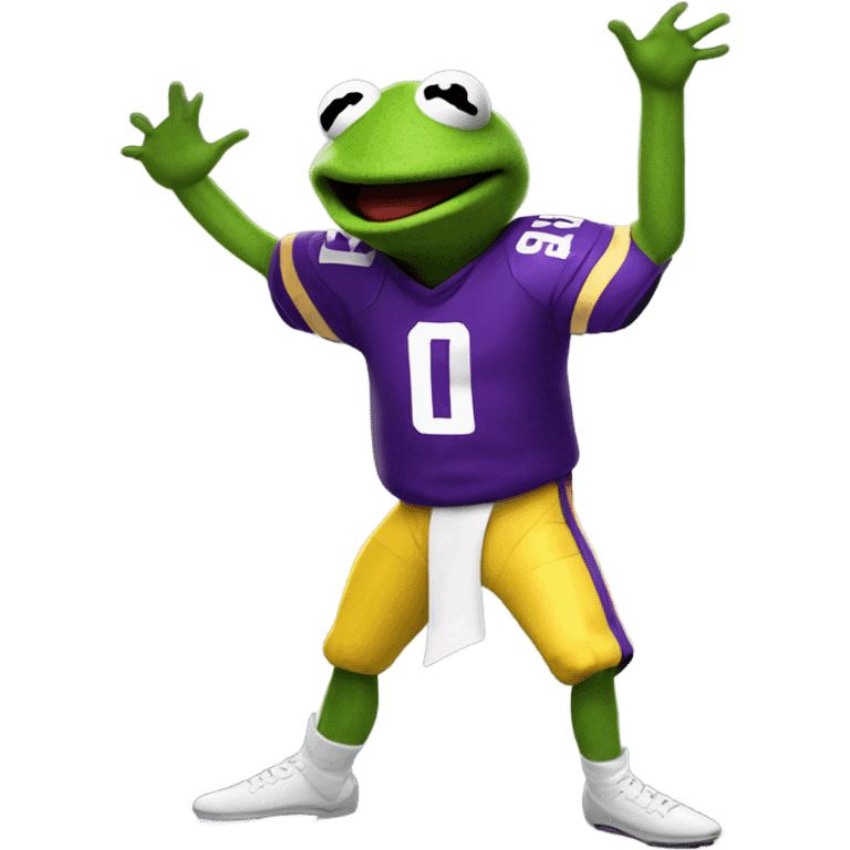 Kermit the frog in a Minnesota Vikings football uniform doing the griddy dance emoji