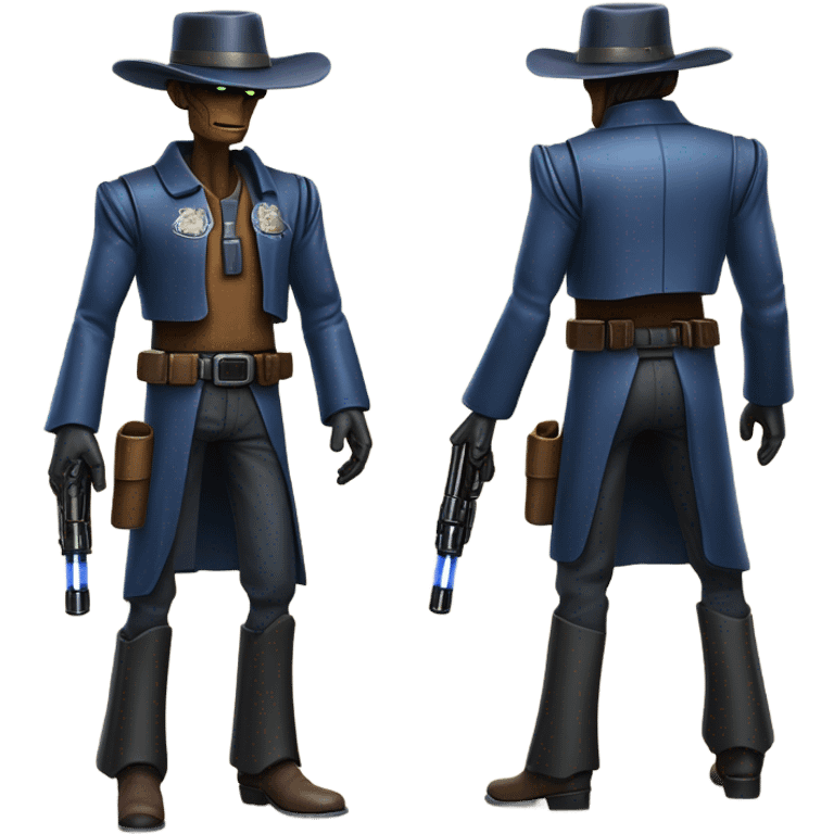 friendly frantic bounty hunter tarnished undercover tough well-equipped Jedi life-sized darkblue-pearl battle droid leather vest clothing pants and vest old west duster coat holding light saber sheriff holstered gun hat floating emoji