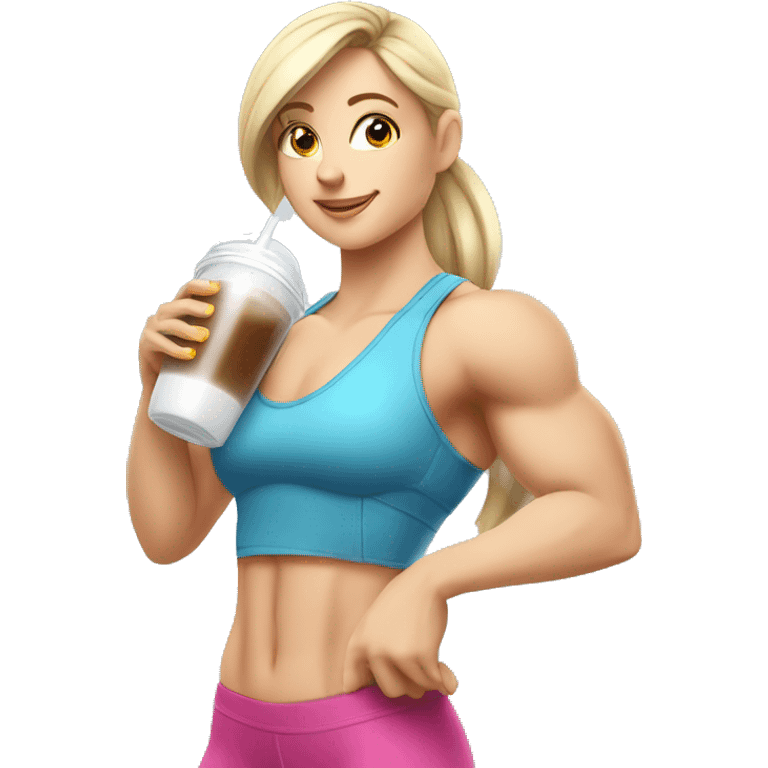 caucasian white muscled girl drinking a protein shake, goes to the gym everyday and works in tech emoji