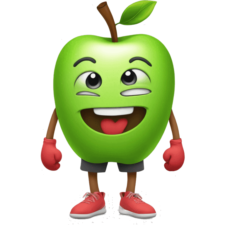 Apple in gym shorts with cartoon arms and legs smiles at the camera.  emoji