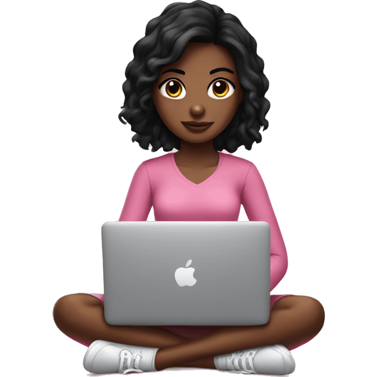 Pretty Brown skin girl with black hair sitting at pink MacBook  emoji